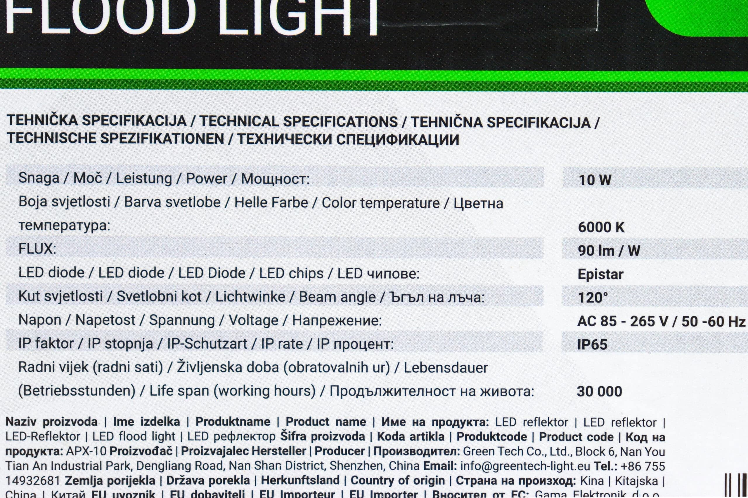 LED Reflektor Green Tech 10W APX-10 90lm IP65 6000K crni