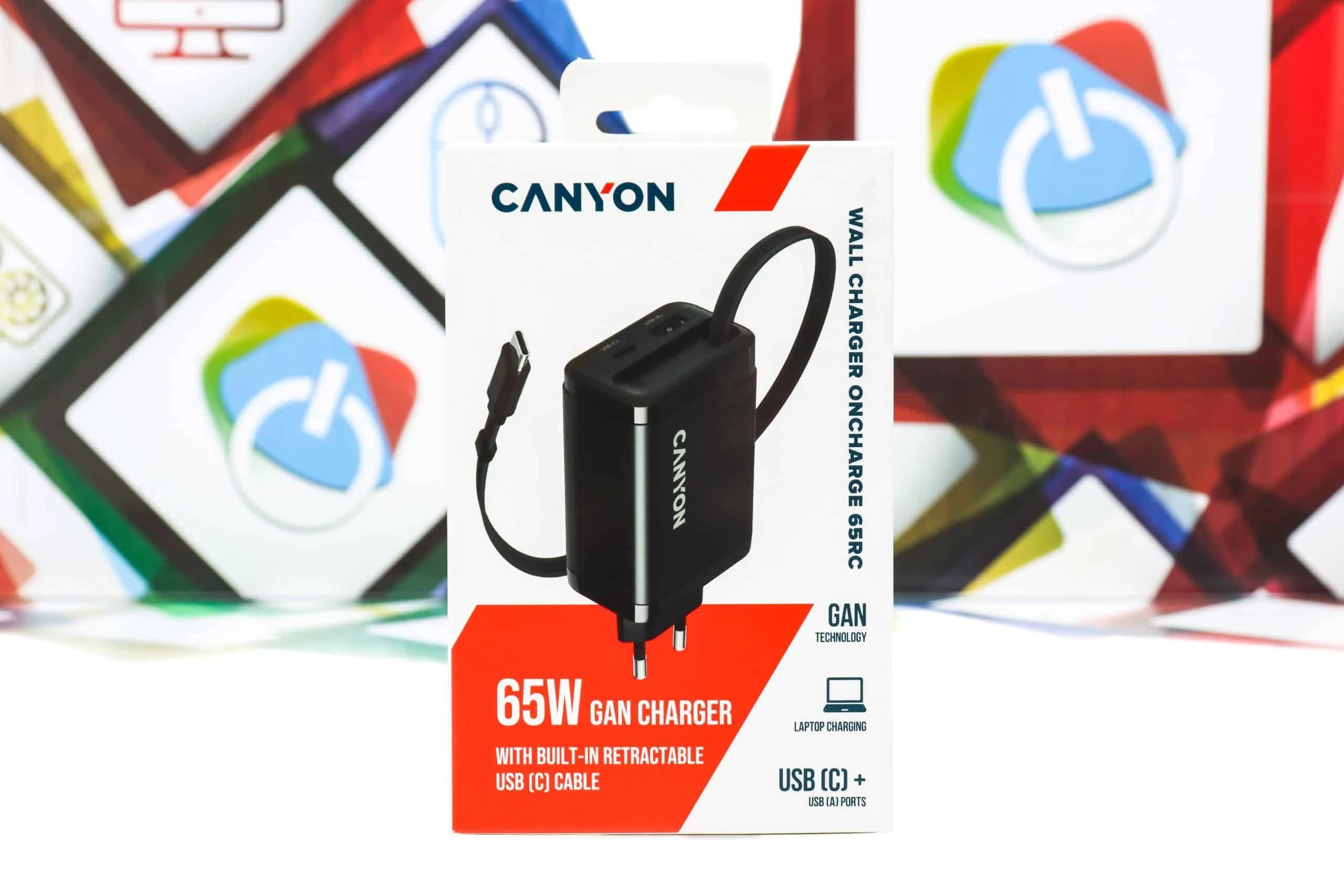 Kućni punjač Canyon OnCharge 65RC GaN 65W USB-C kabl + USB-A crni