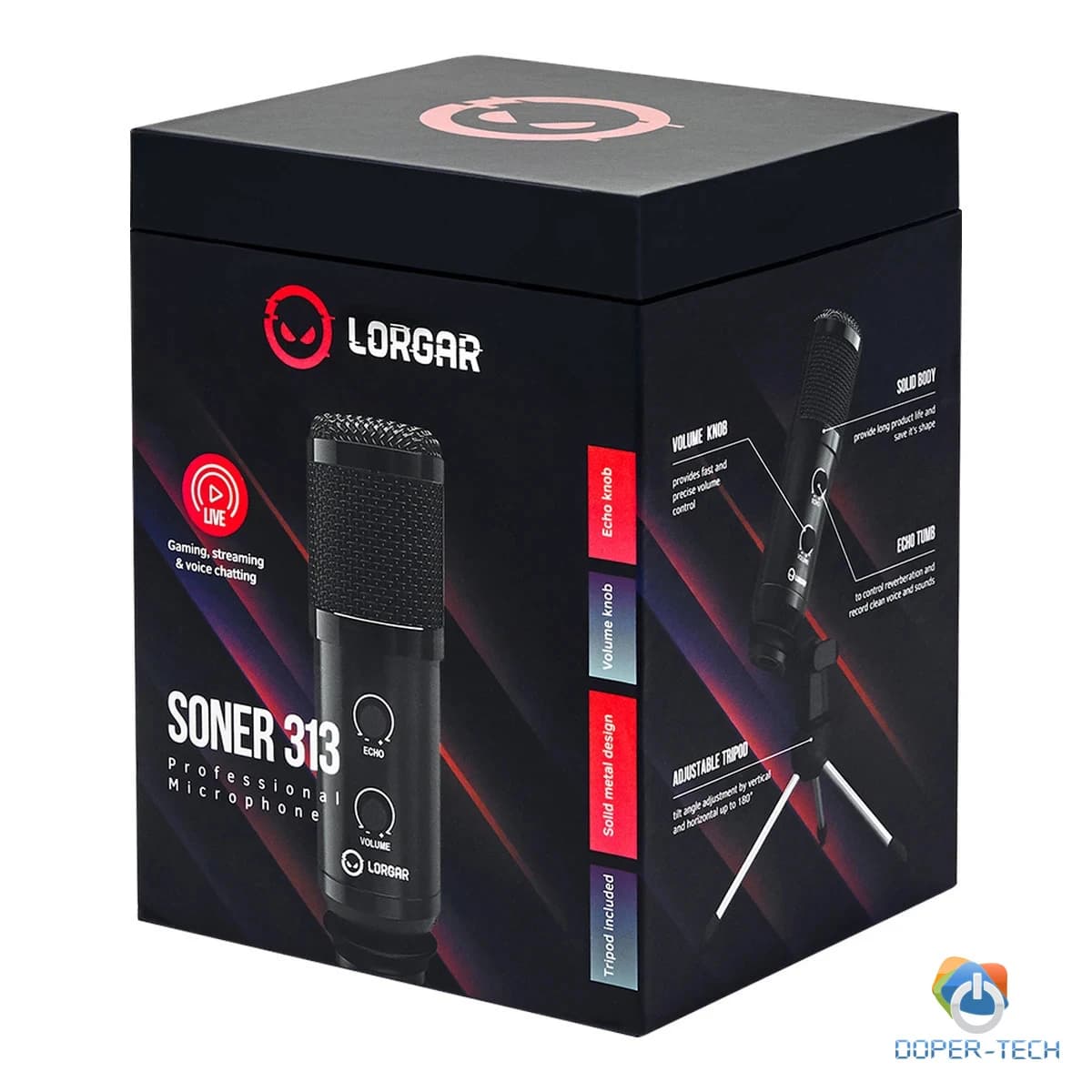 LORGAR Soner 313, Gaming Microphones, Black, USB condenser microphone with Volume Knob & Echo Kob, including 1x Microphone, 1 x 2.5M USB Cable, 1 x Tripod Stand, 1 x User Manual, body size: Φ47.4*158.2*48.1mm, weight: 243.0g