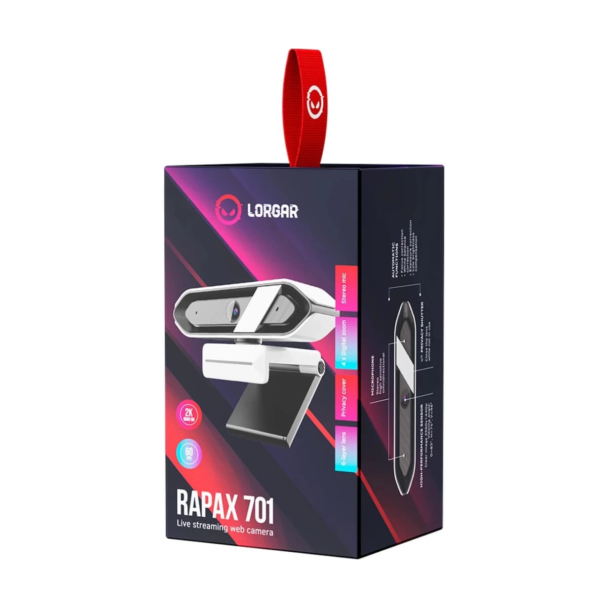 LORGAR Rapax 701, Streaming Camera,2K 1080P/60fps, 1/3'',4Mega CMOS Image Sensor, Auto Focus, Built-in high sensivity low noise cancelling Microphone,white coating color, USB 2.0 Type C , L=2000mm, size: 105x46.8x62.5mm, Weight: 108g