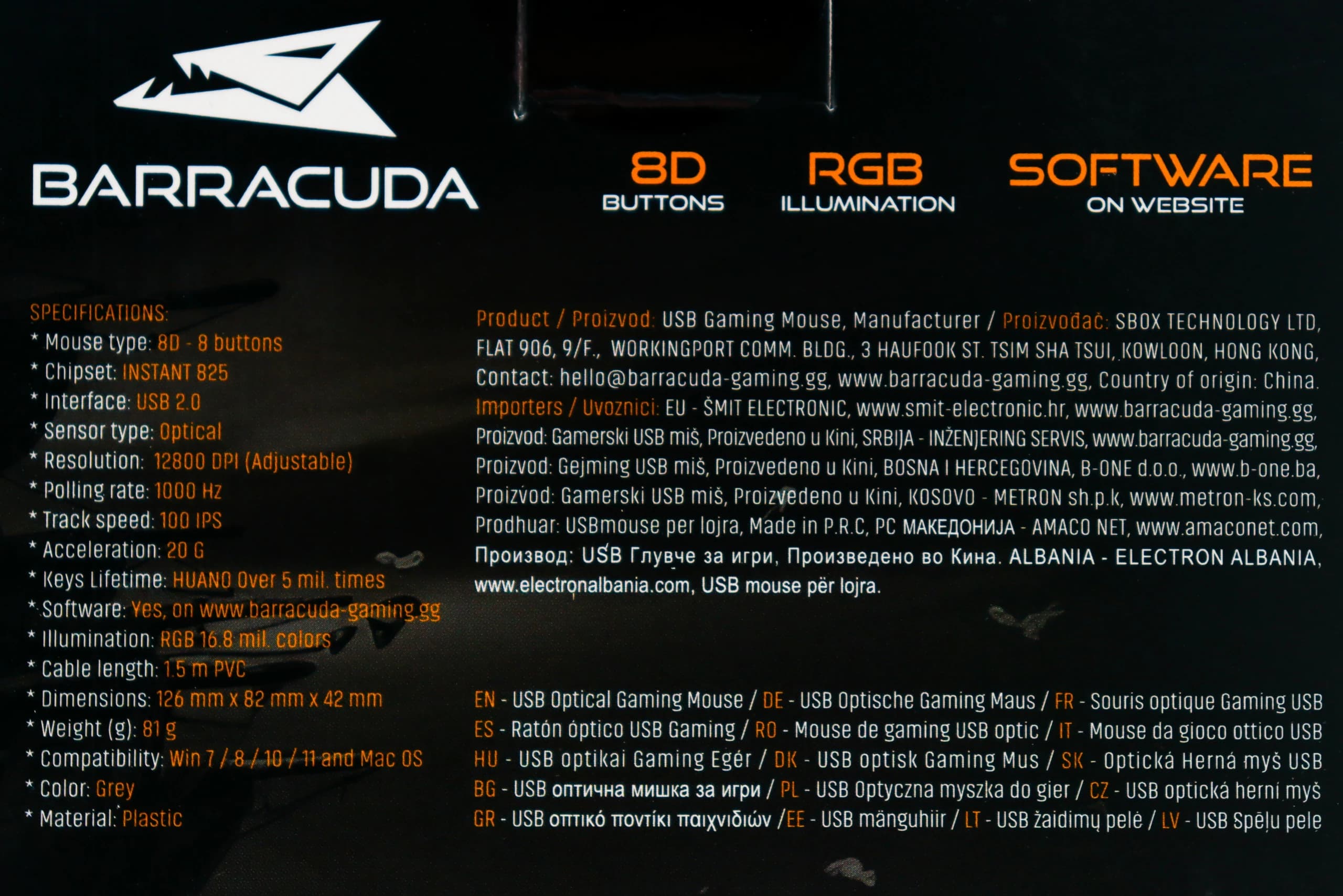Gaming miš Barracuda Manta 12800dpi BGM-047 Gray RGB