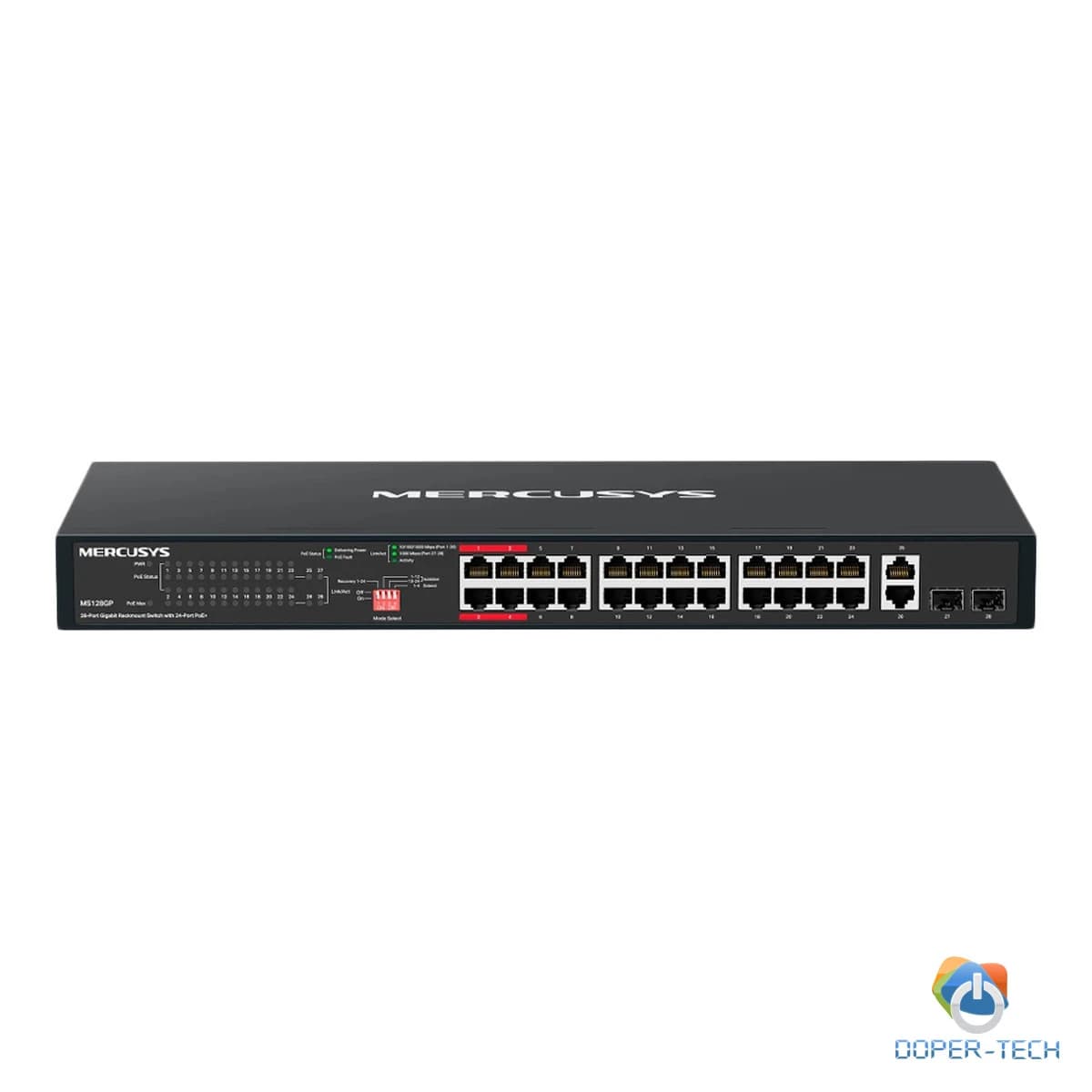 Mercusys MS128GP 28-Port Gigabit Rackmount Switch with 24-Port PoE+, 24x Gigabit PoE+ Ports, 2x Gigabit Non-PoE Ports, and 2x Gigabit SFP Slots, 295 W PoE Power, Rackmountable Steel Case, Extend Mode for 250m PoE Transmitting, Isolation Mode