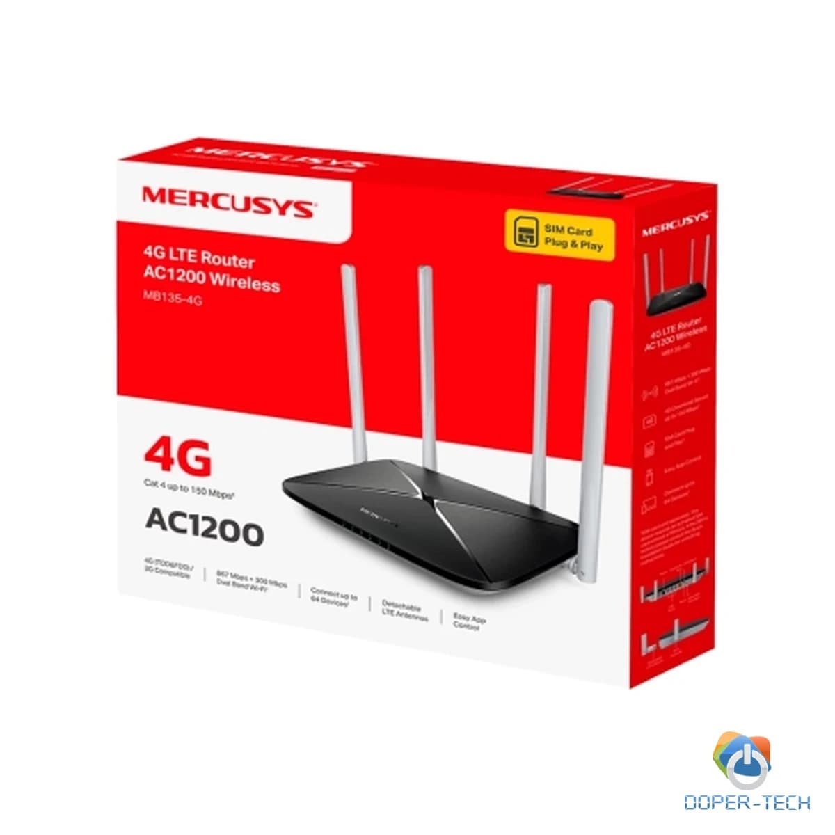 Mercusys MB135-4G AC1200 Wi-Fi 4G LTE Router, Build-In 150Mbps 4G LTE Modem, 300 Mbps at 2.4 GHz, 867 Mbps at 5 GHz, 4G Cat4 150/50 Mbps, Internal Antennas, Extra 3G/4G Antenna Ports, 1x 10/100 Mbps LAN Port, 1x 10/100 Mbps WAN/LAN Port