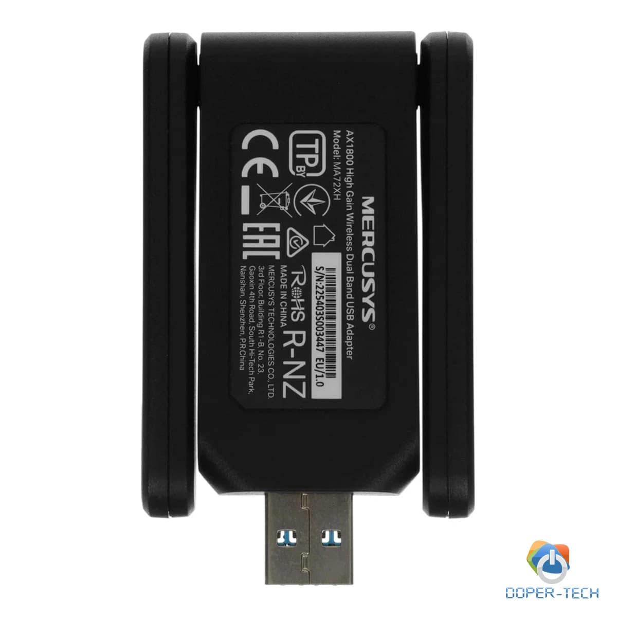 Mercusys MA72XH AX1800 High Gain Wi-Fi 6 USB Adapter, 574 Mbps at 2.4 GHz + 1201 Mbps at 5 GHz, 2 x High Gain External Antenna, USB 3.0, MU-MIMO, OFDMA, Beamforming, WPA3
