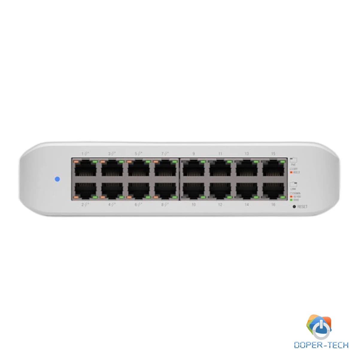 UBIQUITI Lite 16 PoE; (8) GbE PoE+, (8) GbE ports; 45W total PoE availability; Wall mountable.
