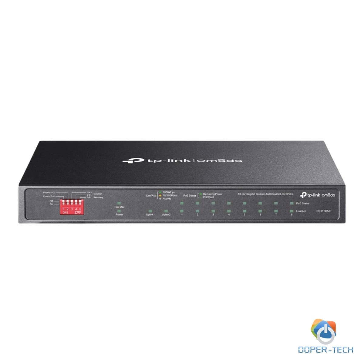 Omada 10-Port Gigabit Desktop Switch with 8-Port PoE+ 8× Gigabit PoE+ Ports, 2x Gigabit Non-PoE Ports, 1× Combo Gigabit SFP Slot 802.3at/af, 123 W PoE Power, Desktop Steel Case Extend Mode for 250m PoE Transmitting, Priority Mode for Port1-2,