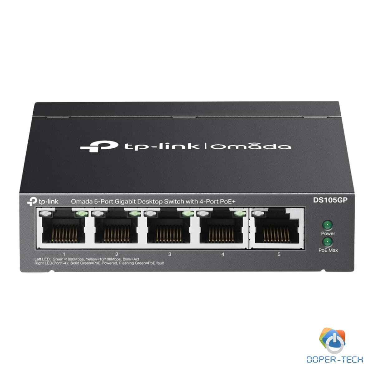 Omada 5-Port Gigabit Desktop Switch with 4-Port PoE+ PORT: 4× Gigabit PoE+ Ports, 1× Gigabit Non-PoE Port SPEC: 802.3af/at, 65 W PoE Power, Desktop Steel Case FEATURE: Plug and Play