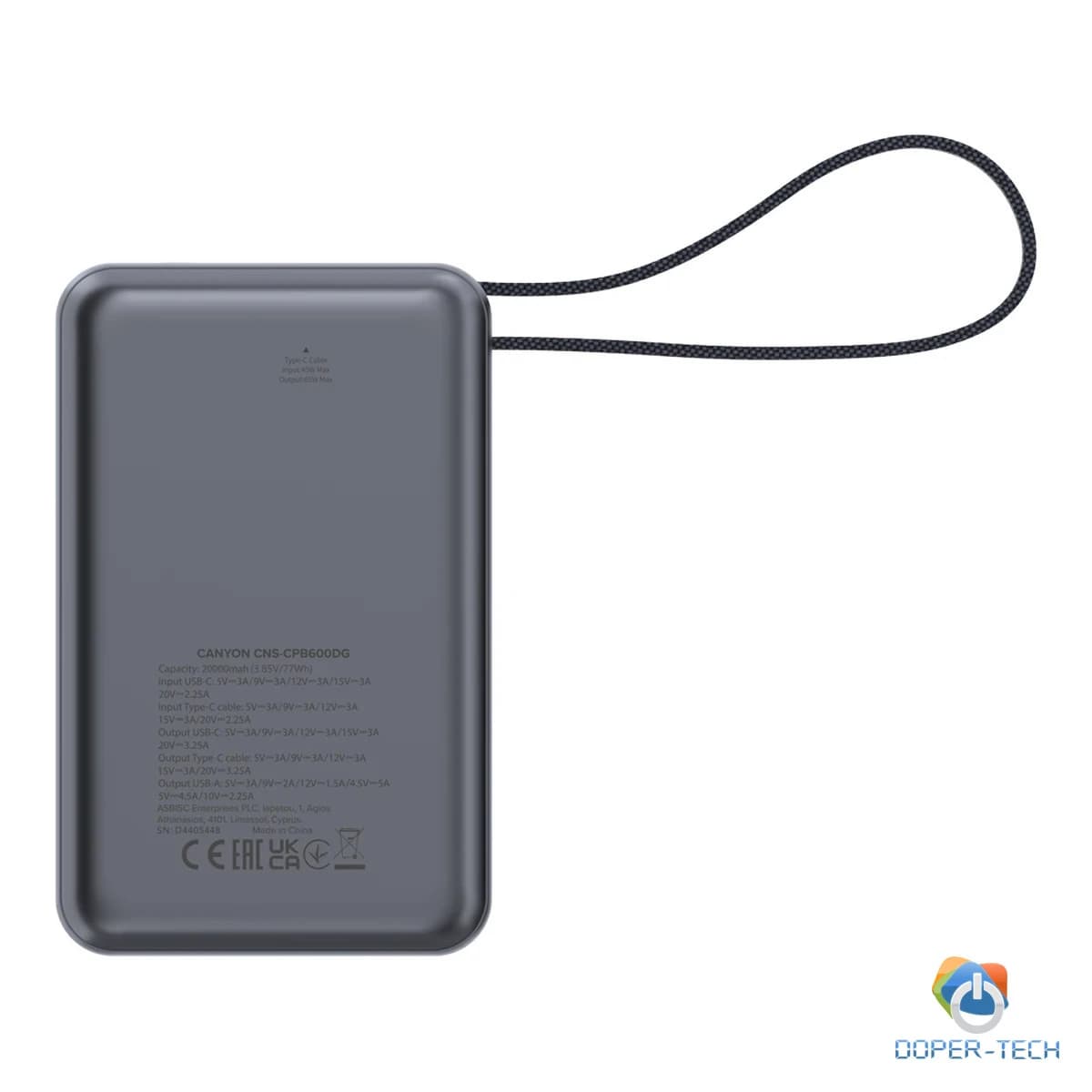 Powerbank Canyon OnPower 600 20000 mAh PD 65 W s ugrađenim kabelom – stražnja strana