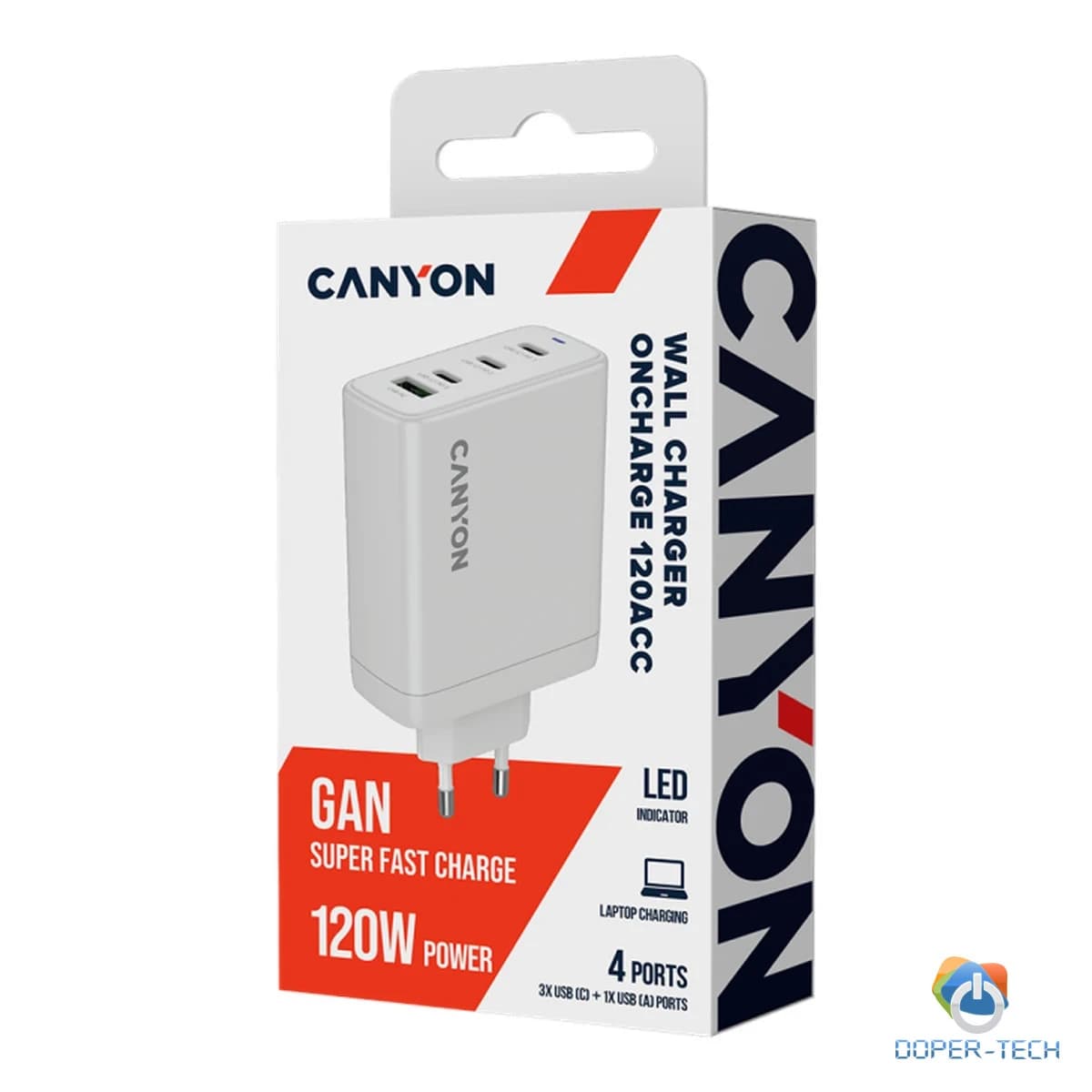CANYON charger OnCharge 120 GAN Total 120W MAX 3 USB-C +1 USB-A White EU plug
