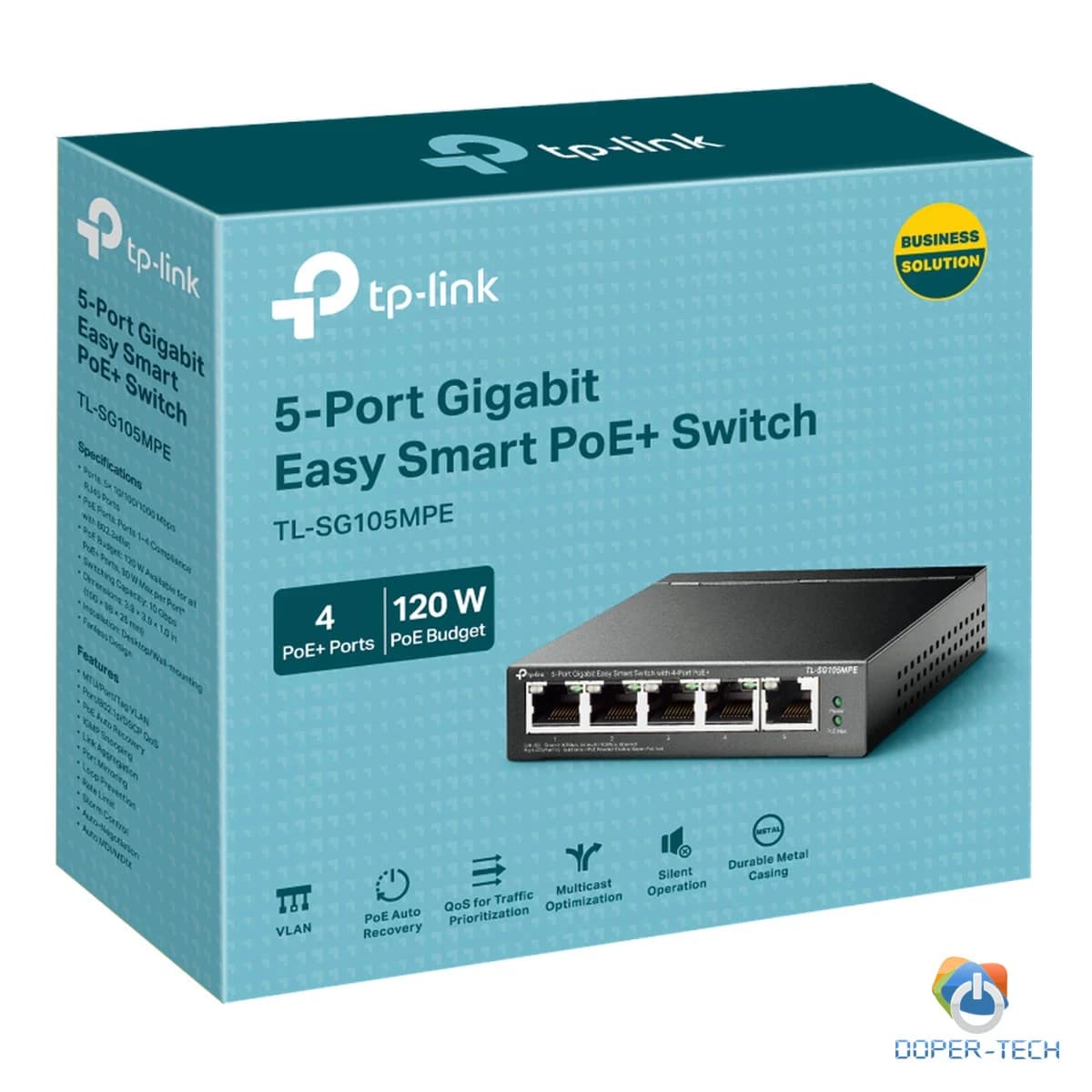 5-Port Gigabit Easy Smart Switch with 4-Port PoE+ 4× Gigabit PoE+ Ports, 1× Gigabit Non-PoE Ports 802.3af/at, 120 W PoE Power, Desktop Steel Case PoE Auto Recovery, MTU/Port/Tag-based VLAN, QoS, IGMP Snooping, Web/Utility Management, Plug and Play