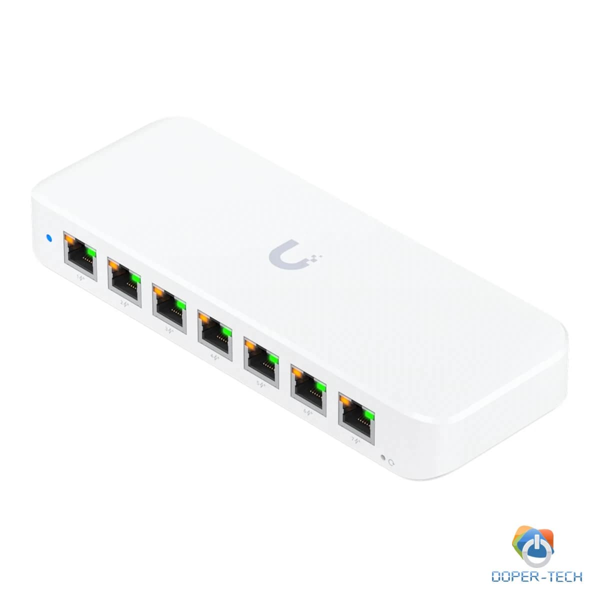 Ubiquiti USW-Ultra-210W-EU compact, Layer 2, 8-port GbE PoE switch with versatile mounting options, 7x GbE PoE+ output ports, GbE port with optional PoE++ input, 202W PoE availability with the included AC power adapter