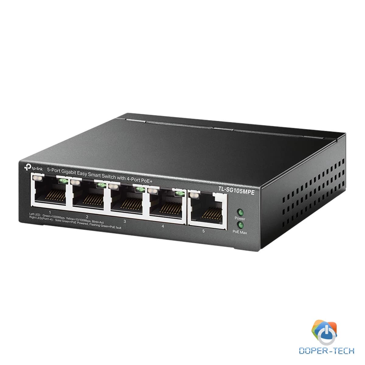 5-Port Gigabit Easy Smart Switch with 4-Port PoE+ 4× Gigabit PoE+ Ports, 1× Gigabit Non-PoE Ports 802.3af/at, 120 W PoE Power, Desktop Steel Case PoE Auto Recovery, MTU/Port/Tag-based VLAN, QoS, IGMP Snooping, Web/Utility Management, Plug and Play