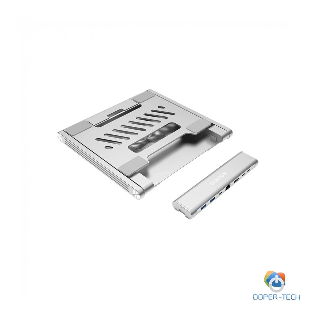 Canyon Laptop stands with hub, TYPE C F to HDMI2.0+2USB3.0+USBC3.0+RJ45+PD, TYEP C TO C cable 1m white with Emarker: HUSB332A, Material: Aluminum case+ABS+PS, Size: 245x240x27.2+/-0.3mm, Weight:1304g
