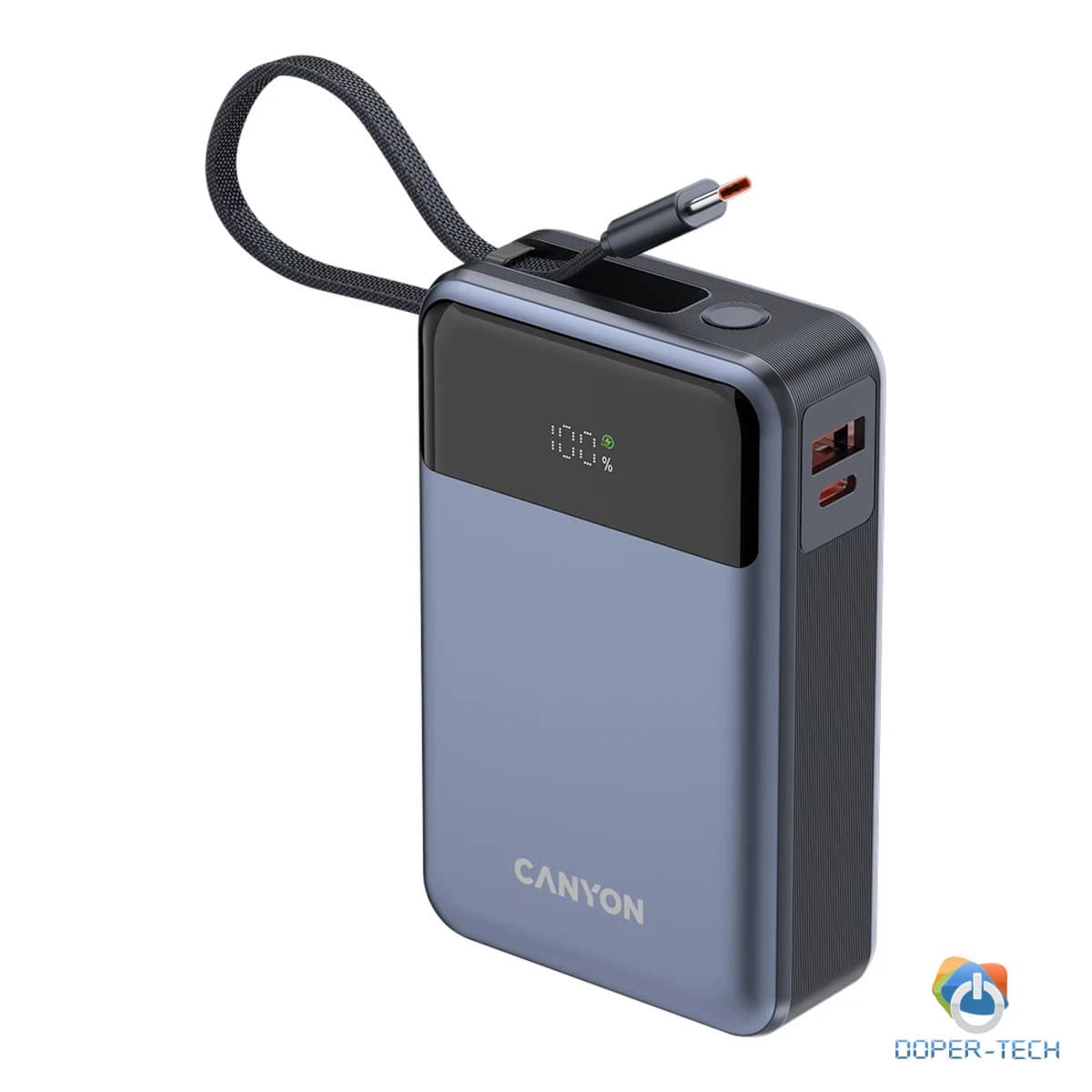 Powerbank Canyon OnPower 600 20000 mAh PD 65 W s ugrađenim kabelom – kosi prikaz