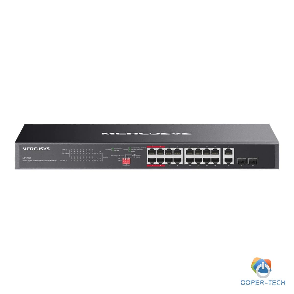 Mercusys MS120GP 20-Port Gigabit Rackmount Switch with 16-Port PoE+, 16x Gigabit PoE+ RJ45 ports, 2x Gigabit non-PoE RJ45 ports, and 2x Gigabit SFP slots, 192W PoE Power, Priority mode, Isolation Mode, PoE Auto Recovery, Plug and Play