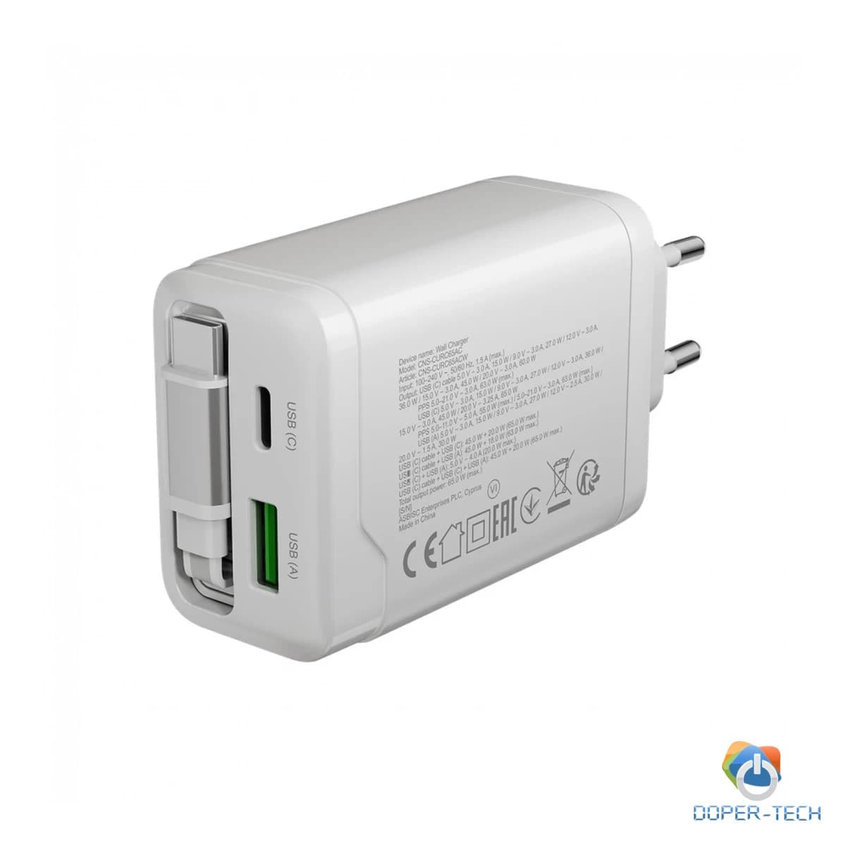 CANYON charger OnCharge 65RC Build-In Cable USB-C 65W 1xPD 1xQC EU White