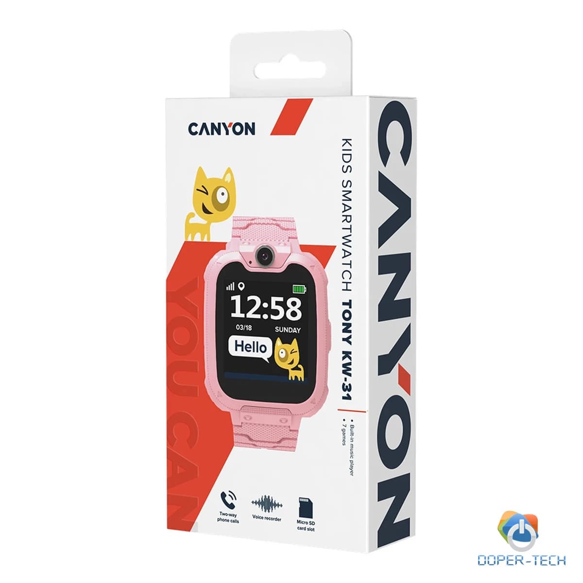 CANYON Tommy KW-31, Kids smartwatch, 1.54 inch colorful screen, Camera 0.3MP, Mirco SIM card, 32+32MB, GSM(850/900/1800/1900MHz), 7 games inside, 380mAh battery, compatibility with iOS and android, red, host: 54*42.6*13.6mm, strap: 230*20mm, 45g