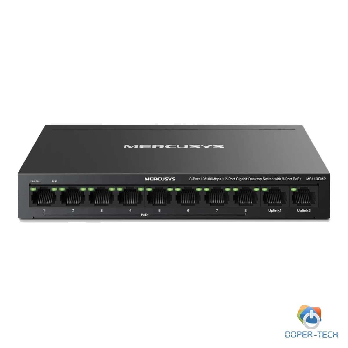 Mercusys MS110CMP 10-Port 10/100Mbps Desktop Switch with 8-Port PoE+, 8 x 10/100 Mbps PoE+ Ports, 2 x Gigabit non-PoE Ports, 115 W PoE Power, Increases PoE transmission distance to 250m by Extend Mode, PoE Auto Recovery, Isolation mode, Metal casing