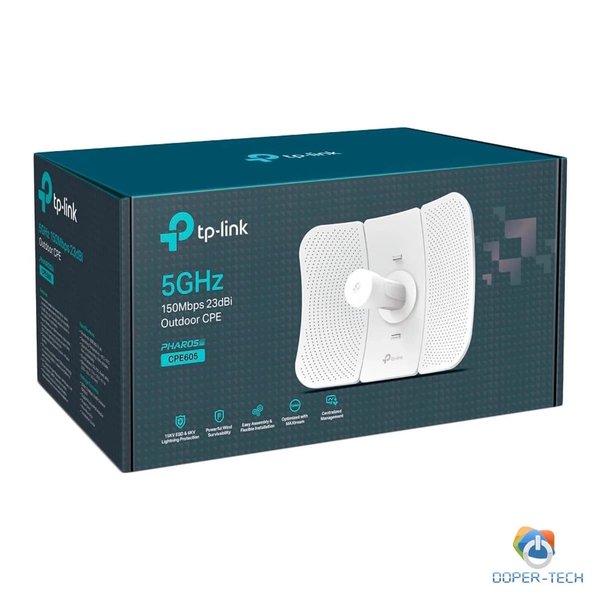 TP-Link CPE605 5 GHz 150 Mbps 23 dBi Outdoor CPE, 1× 10/100 Mbps Shielded Ethernet Port, 150 Mbps at 5 GHz, 23 dBi, 30+ km, IP65 Weatherproof, Passive PoE, MAXtream TDMA, Centralized Management, Spectrum Analyzer, AP/Client/AP Router/AP Client Router/Repeater/Bridge mode