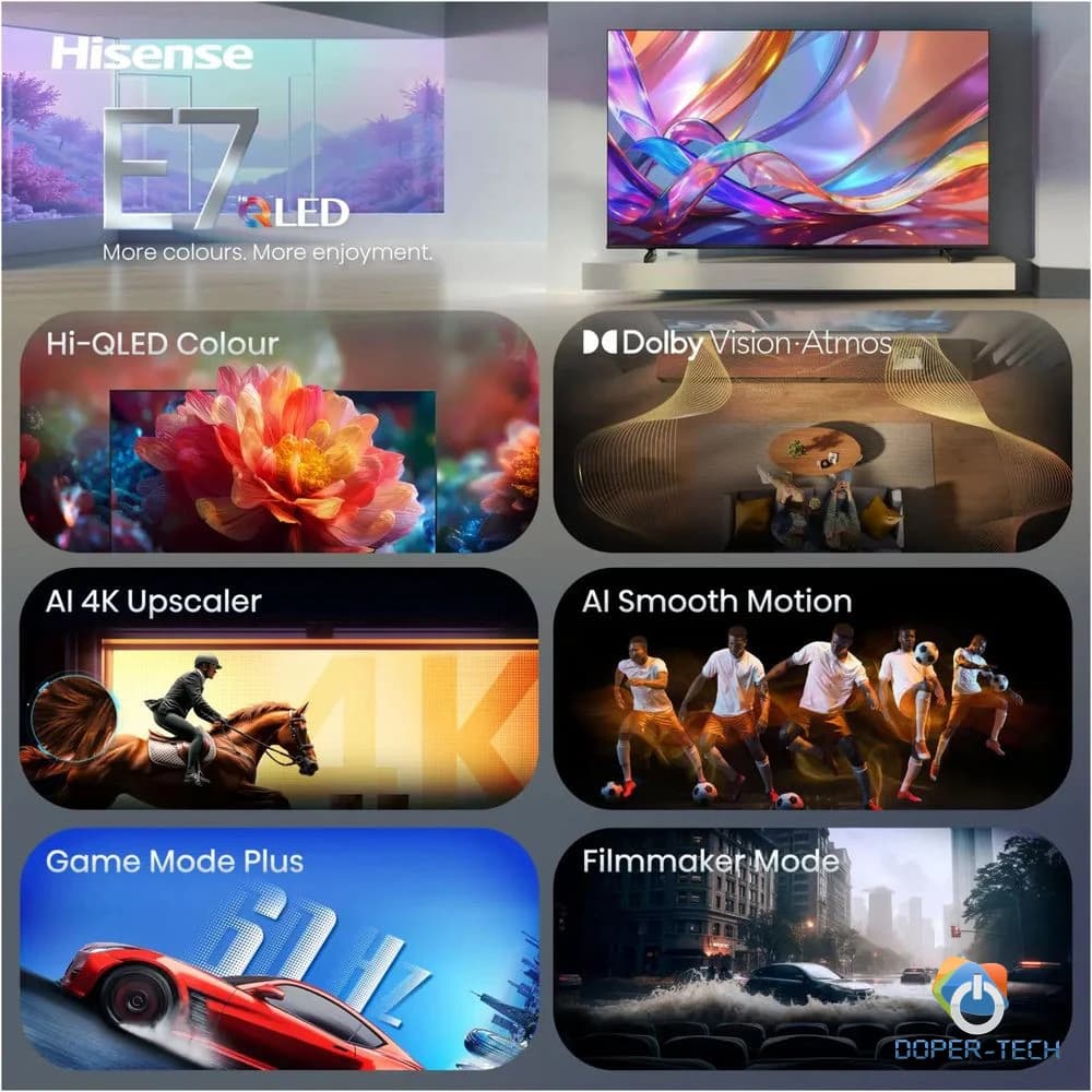 Glavne funkcije Hisense E7S: Hi-QLED, Dolby Vision Atmos, AI 4K Upscaler, Game Mode Plus